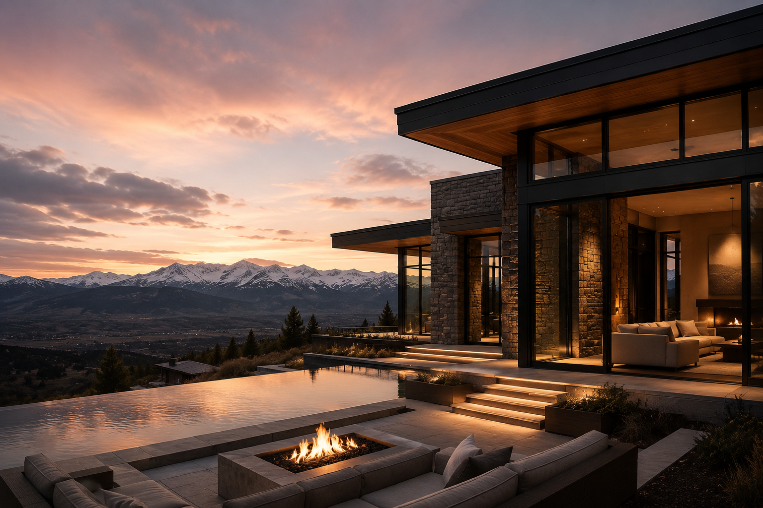 Luxury contemporary Utah mountain home at dusk with infinity pool, fire pit, and snow-capped Wasatch range under a pink and lavender sky